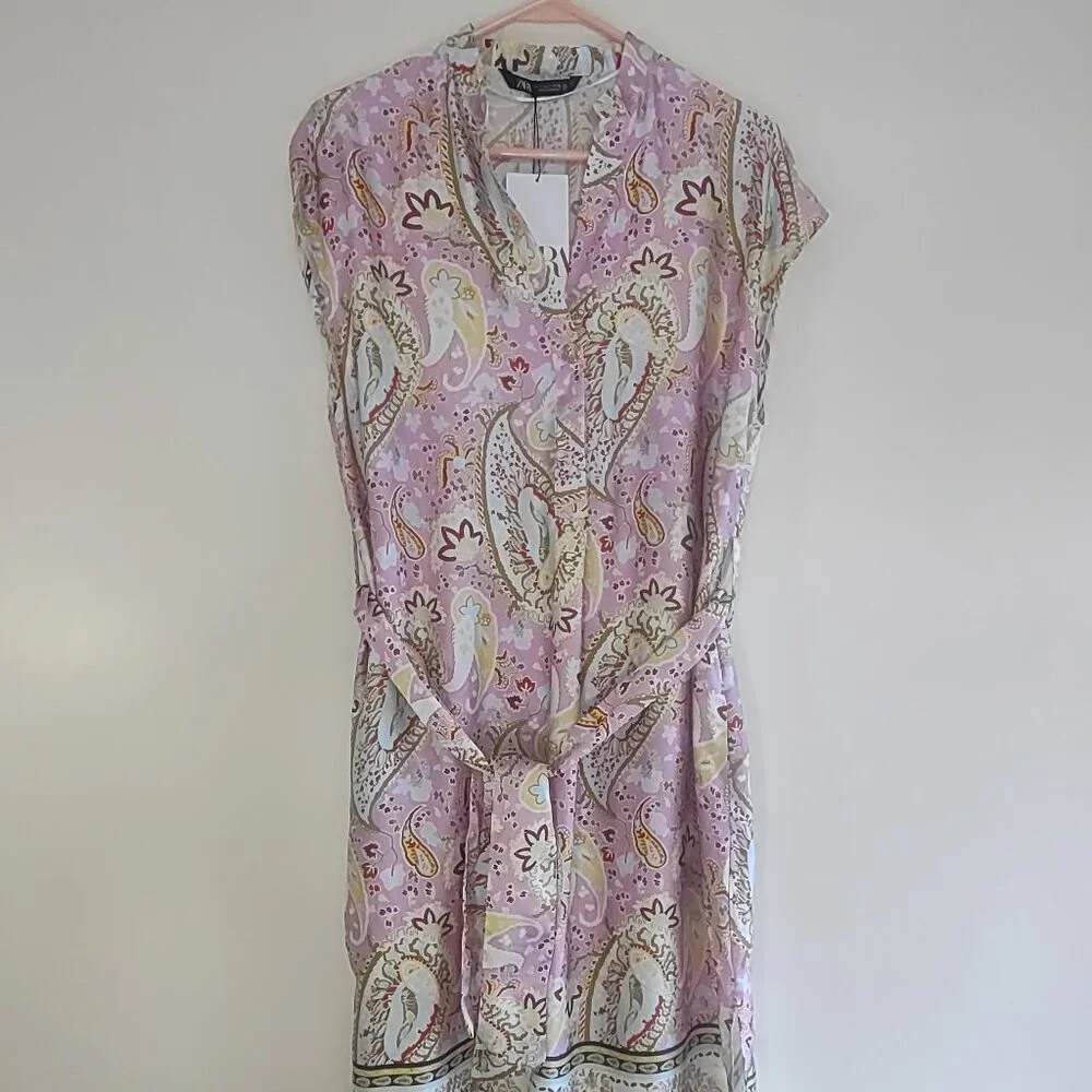ZARA Floral Paisley Satin Kaftan Tunic Dress  Pink & Gold Women Small  Boho  NWT - Picture 5 of 14